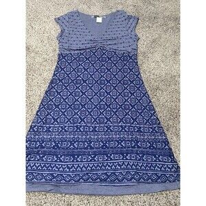 Athleta Dhara Dress V-Neck, Cap Sleeves, Blue, Geometric Pattern, , Size Large